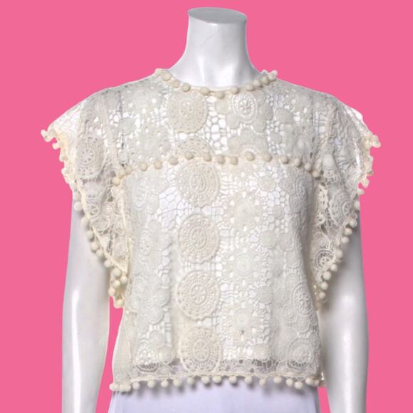 TULAROSA Boho Crochet Crop Top Blouse Shirt Cottage Fairy Cotton Off-White Cream - Picture 1 of 11